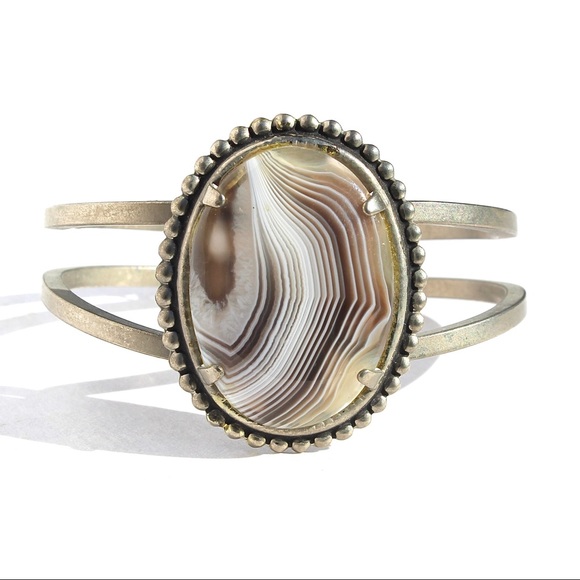 Vintage Botswana Agate Statement Cuff Bracelet Silver Tone Banded Brown Cabochon - Picture 2 of 6